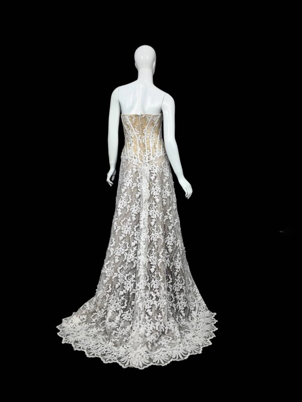 Back view of the Marble Lace gown, displaying the detailed lace pattern and slender straps.